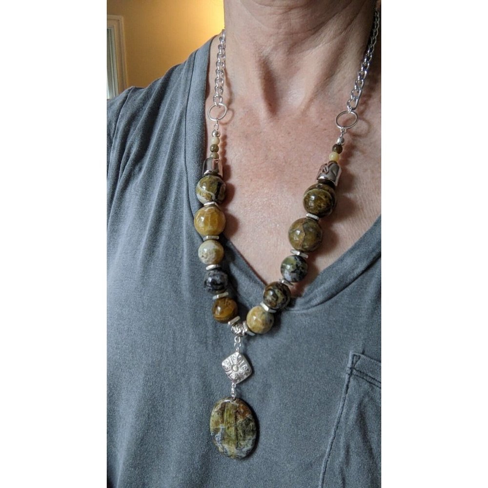 Handmade Beaded Statement Pendant Necklace Earth Tones African Opal Gemstones
